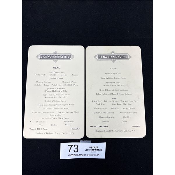 2 Early Canadian Pacific Menus 1928 Off The Duchess of Bredford
