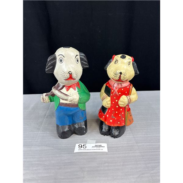 2 Vintage Folk Art 8" Tall Carved Cat and Dog Figurines