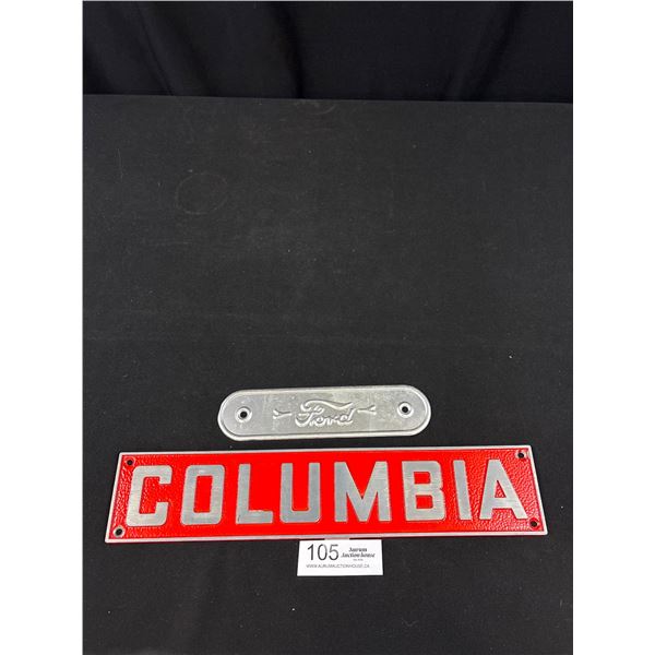 Unused Cast Metal Columbia Trailor Plate + Ford Embossed Door Jam Plate