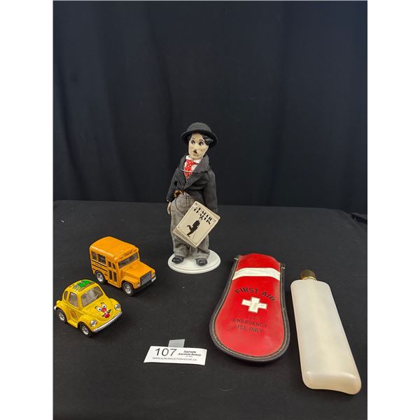 Vintage Charlie Chaplin Doll + First Aid Decanter and 2 Friction Cars