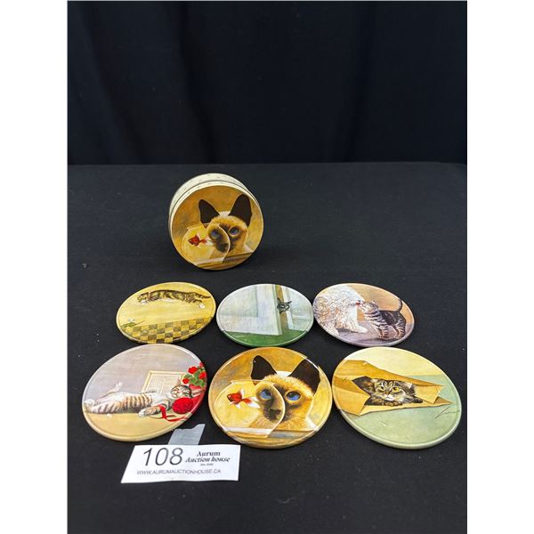 VTG Vandor Lowell Herrero 6 Cat Coasters Tin Box Tin Cork Lined 3.5" Hong Kong
