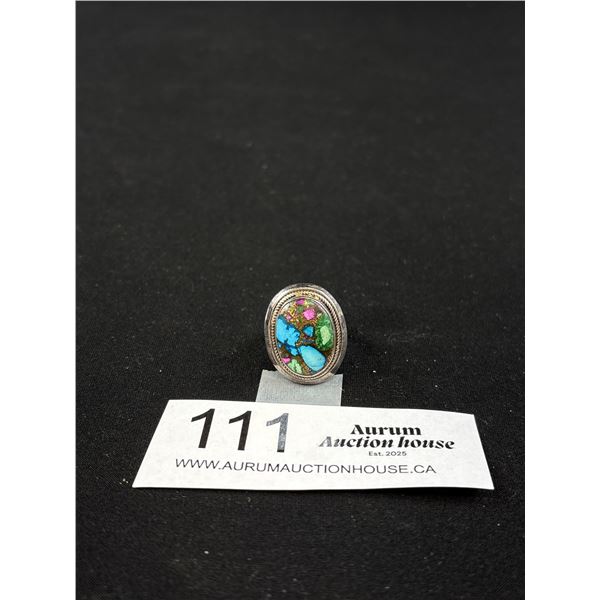 Vintage Handmade Sterling Silver Oval Dahlia Copper Turqouise Ring Size - 7 - 6.9 Grams - Marked and