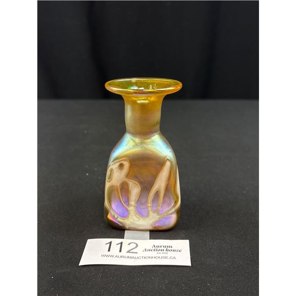 Robert Held 4.5" Small Triangular Bud Vase w/Iridescent Swirl Design Not Signed