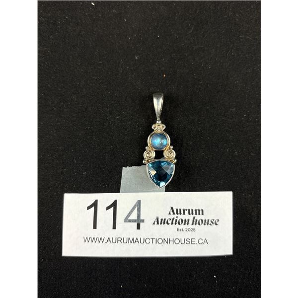 Sajen Blue Gemstone Pendant 925 Sterling Silver - 1.75" - 5.3 Grams - Marked and Tested