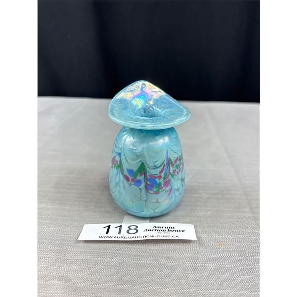 Iridescent Blue Art Glass Jack in The Pulpit Vase - Signed Connie Christopher 1993 - 3.5"