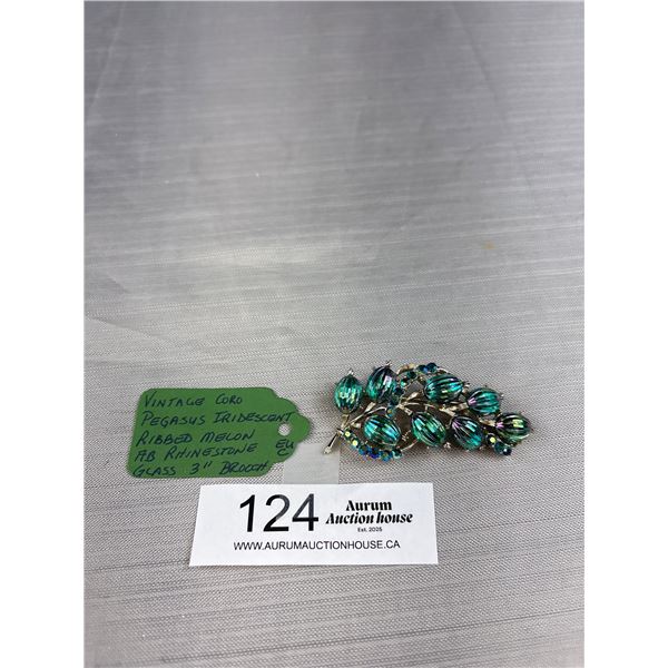 Signed Coro Iridescent Peacock Watermelon Ribbed Melon AB Rhinestone Glass 3" Brooch