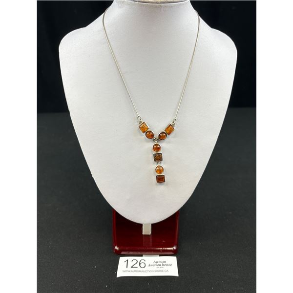 Vintage 925 Sterling Silver Amber Drop Necklace 18"  Chain and  1.75" Drop Pendant - 14.09 Grams - M