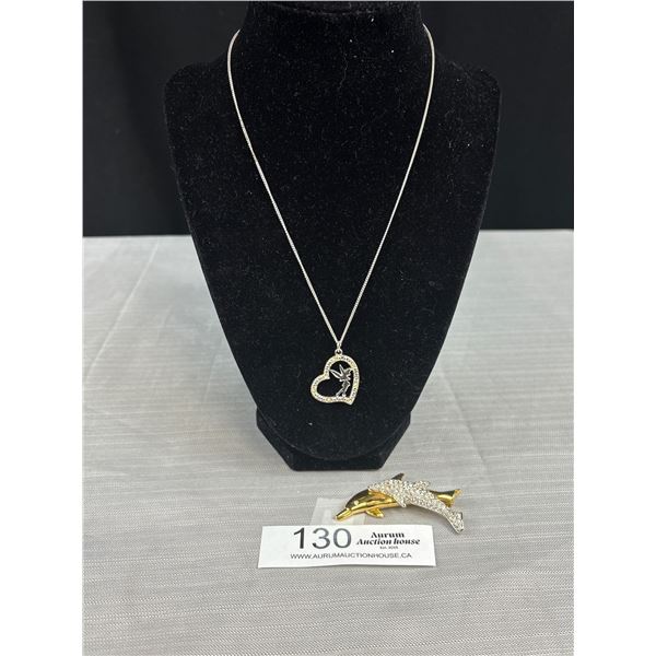 Vintage Signed Swarvoski Dolphin Brooch Pin and Signed Disney Tinkerbell Heart Pendant and Chain