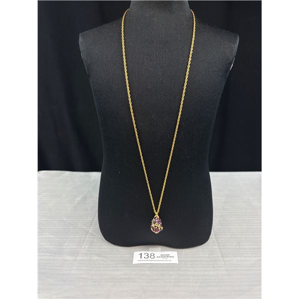 Vintage Signed Joan Rivers Rhinestone Egg Pendant Necklace - 30" Chain - EUC