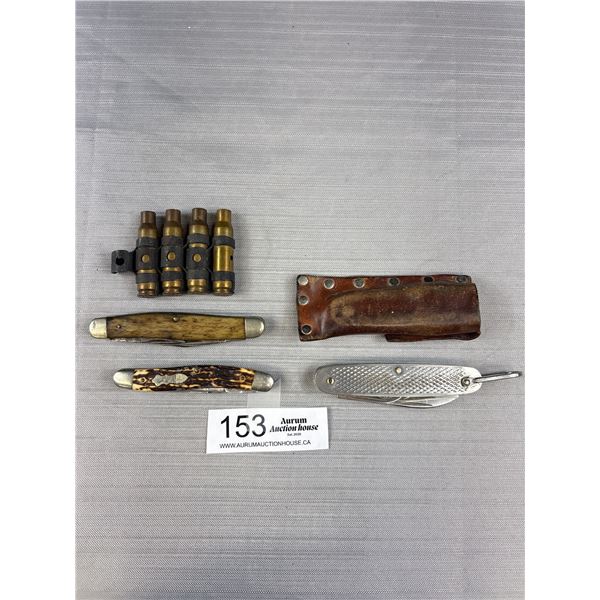 3 Old Pocket Knives + Ammo Clip