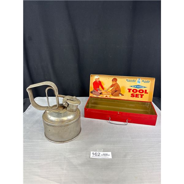 Handy Andy Metal Tool Chest Plus Vintage Saftey Oil/Gas Can