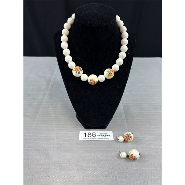 Vintage Sign W.Germany White Bead Necklace with enamel flowers