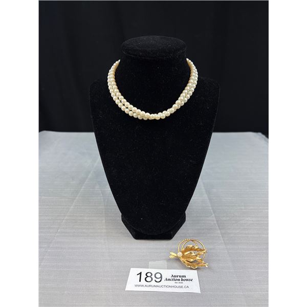 Antique Gold Tone Brooch with Pearl Necklace