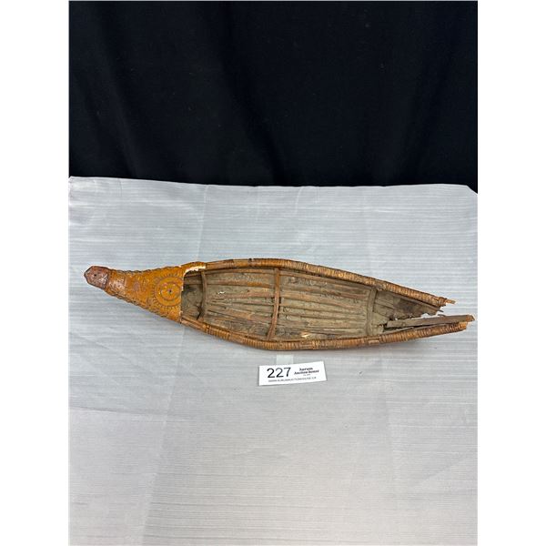 17" Long Eastern Canadian Antique Carved Canoe on Side Marked Grechan