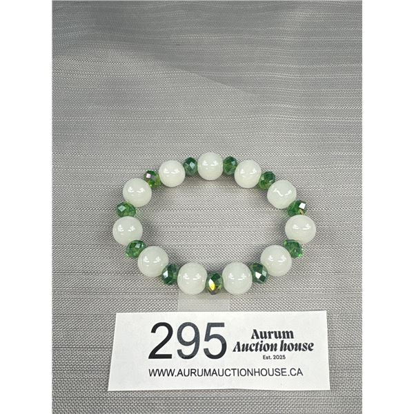 White Stone Beads + Green Crystal Spacers Stretch Bracelet