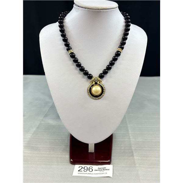 French Black Jet Glass Beads w/ Pendant Necklace