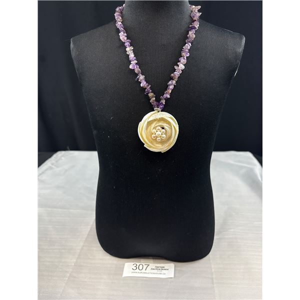 Mother of Pearl w/ Pearls + Natural Stones Pendant Necklace