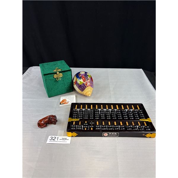 Vintage Boxwood Netsuke Wooden Abacus and Hand Blown Ornament