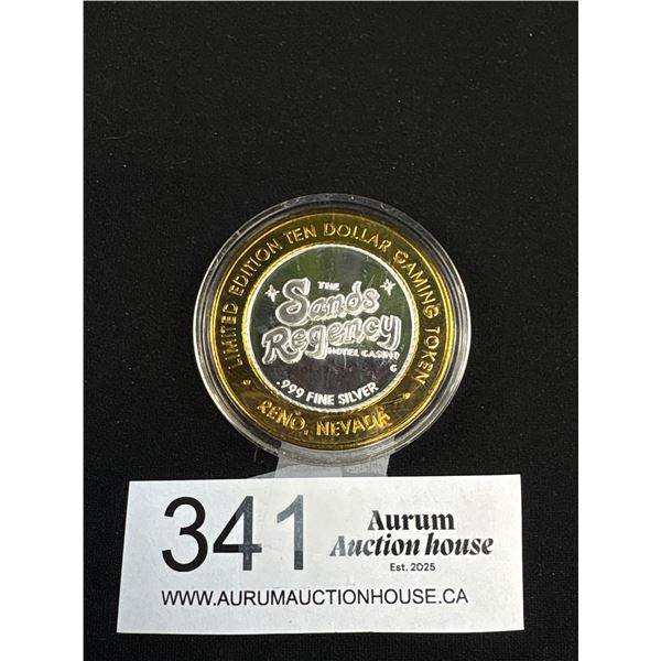One Half Oz Pure Silver $10 Gaming Token From Sands Regency Casino