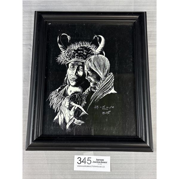 1986 Signed Native American Scratch Board Framed Art - 9" x 11"