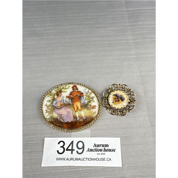 Delicate Vintage Petit Point Brooch and Hand Painted Porcelain Coro Brooch