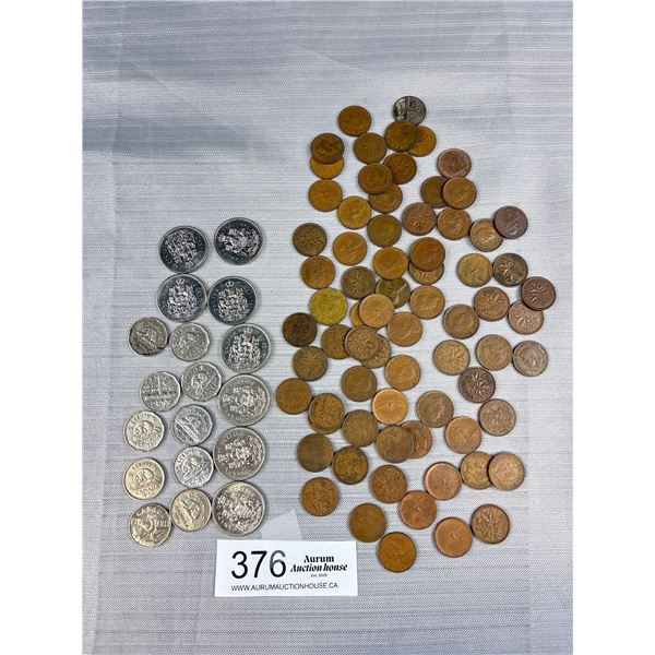 Lot of Old Canadian Pennies Nickles and 50 Cent Coins