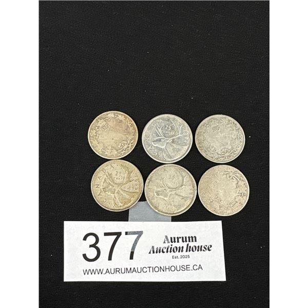 Lot of 6 Old Canadian Silver Quarters