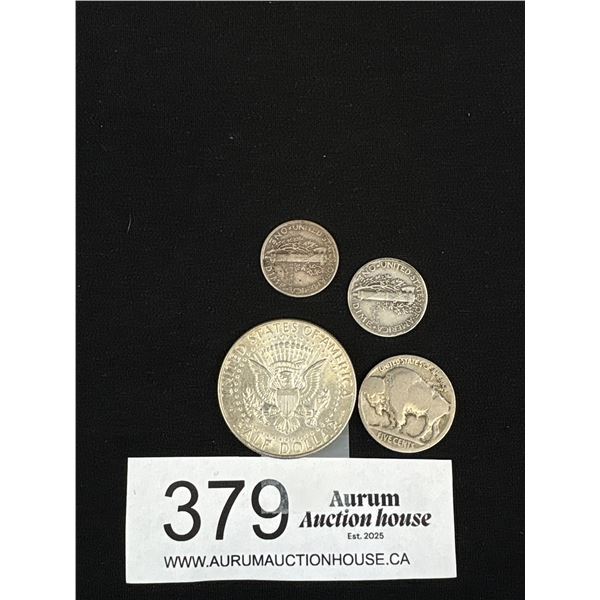 Old US Silver 50 Cent Coin and Dimes + Buffalo Nickel