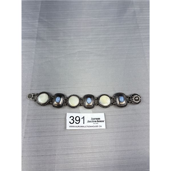 Heavy Silver Mother of Pearl Calcedo Stone Bracelet Solid Designer Signed