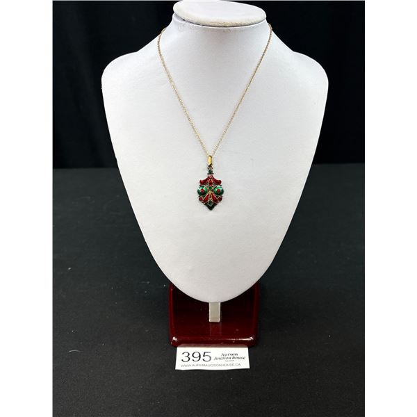 Very Lovely! Vintage Red Green Enamel Necklace Quality!