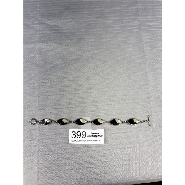 Vintage Silver Double Sided Onyz + Mother of Pearl Bracelet