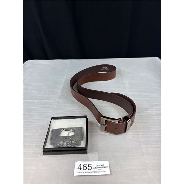 Brand New Corona Beer Bottle Opener Belt Buckle + New Leather Belt