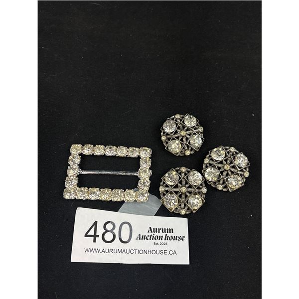 Exquisite Rhinestone Buttons + Belt Buckle C. 1960s