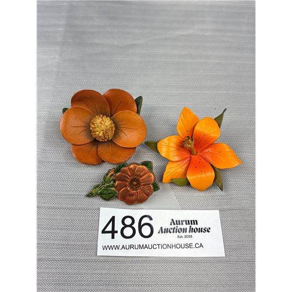 C.1970s Leather Flower Brooches + Fully Enameled Pin Nice!