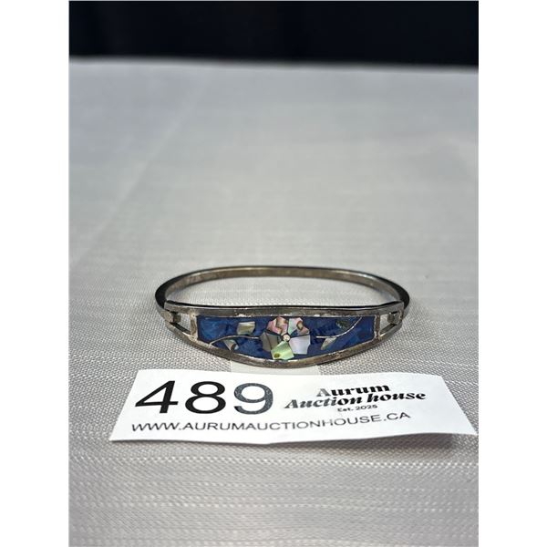 Vintage Silver Bangle Abalone and Bblue Enamel Very Pretty!
