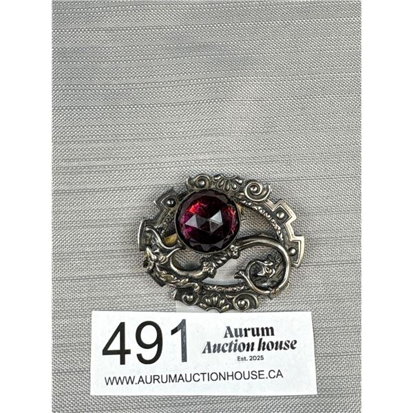 Antique Dragon Motif Fauceted Amethyst Silver Brooch