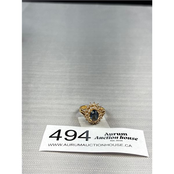 Vintage Gold Sapphire Simulated Diamond Cocktail Ring C/1970s