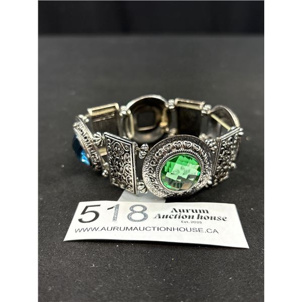 Vintage Silver w/ Blue Glass Stones Stretch Bracelet