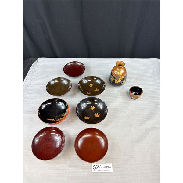 Japanese Saki Bottle + Cup + Vintag Laquor Bowls