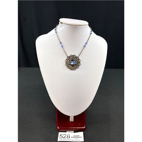 Vintage Cobalt Due Glass Silver Filigree Necklace Stunning On!