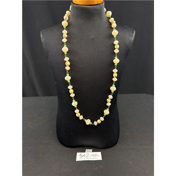 C.1960s Speckled Art Glass + Rose Color Lucite Bead Necklace, Nice!
