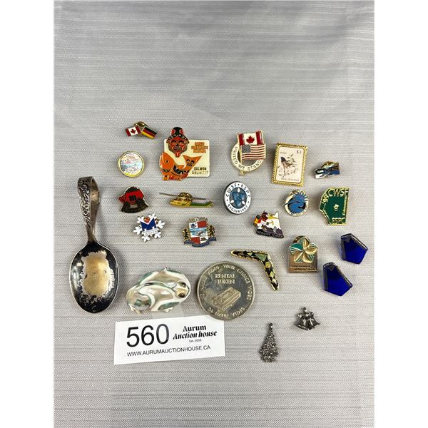 Nice Lot of Vintage Pins, Tokens, Baby Spoon, etc