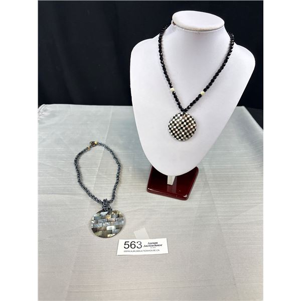 2 Mother of Pearl Inlaid Pendants w/ Beads Necklace