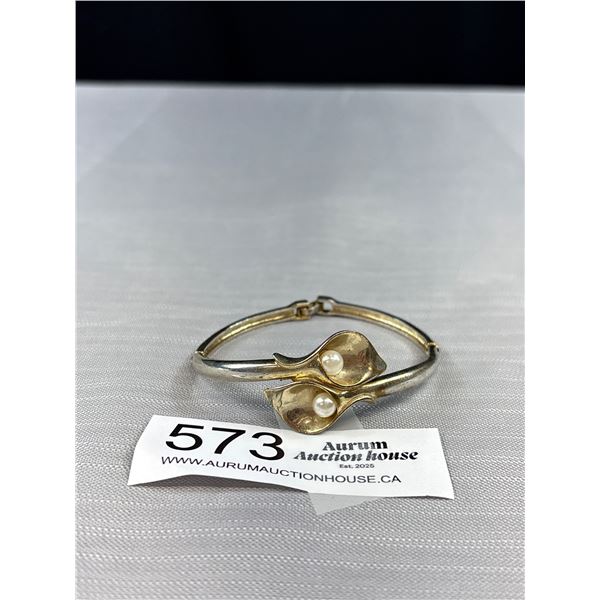 Vintage Silver Plated w/ 2 Pearls Bracelet Hinged On Both Sides