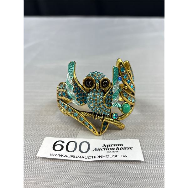 Runaway Fashion Owl Motif Cuff Bangle Rhinestones + Enamel