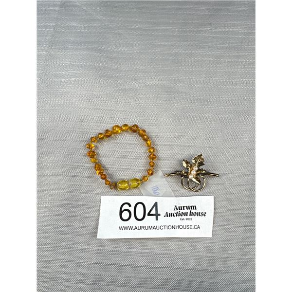 Antique Genuine Amber Genuine Pearl Brooch Bracelet Excellent!