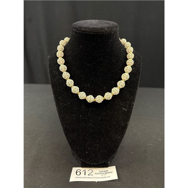 C.1970s Signed Vendome White Enamel Metal Bead Gold Necklace Very Clinque! Quality