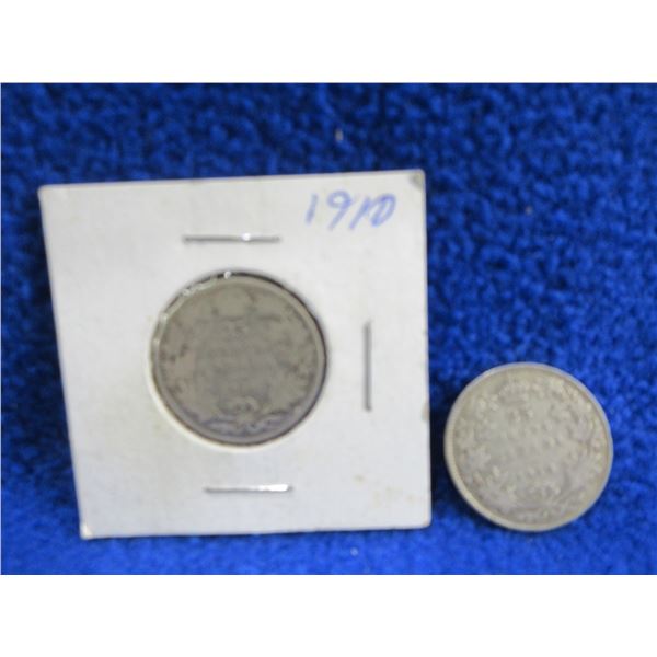 2 Canadian 25 Cent Coins - .925 Silver - 1910, 1918