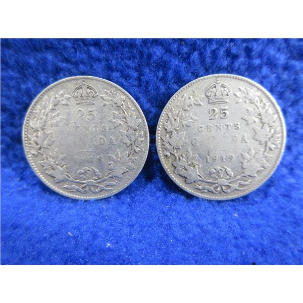 2 Canadian 25 Cent Coins - .925 Silver - 1918, 1919