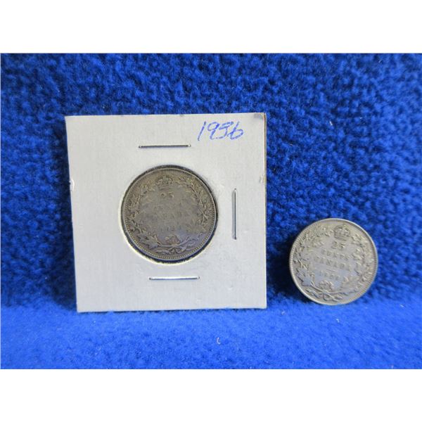 2 Canadian 25 Cent Coins - .800 Silver - 1929, 1936